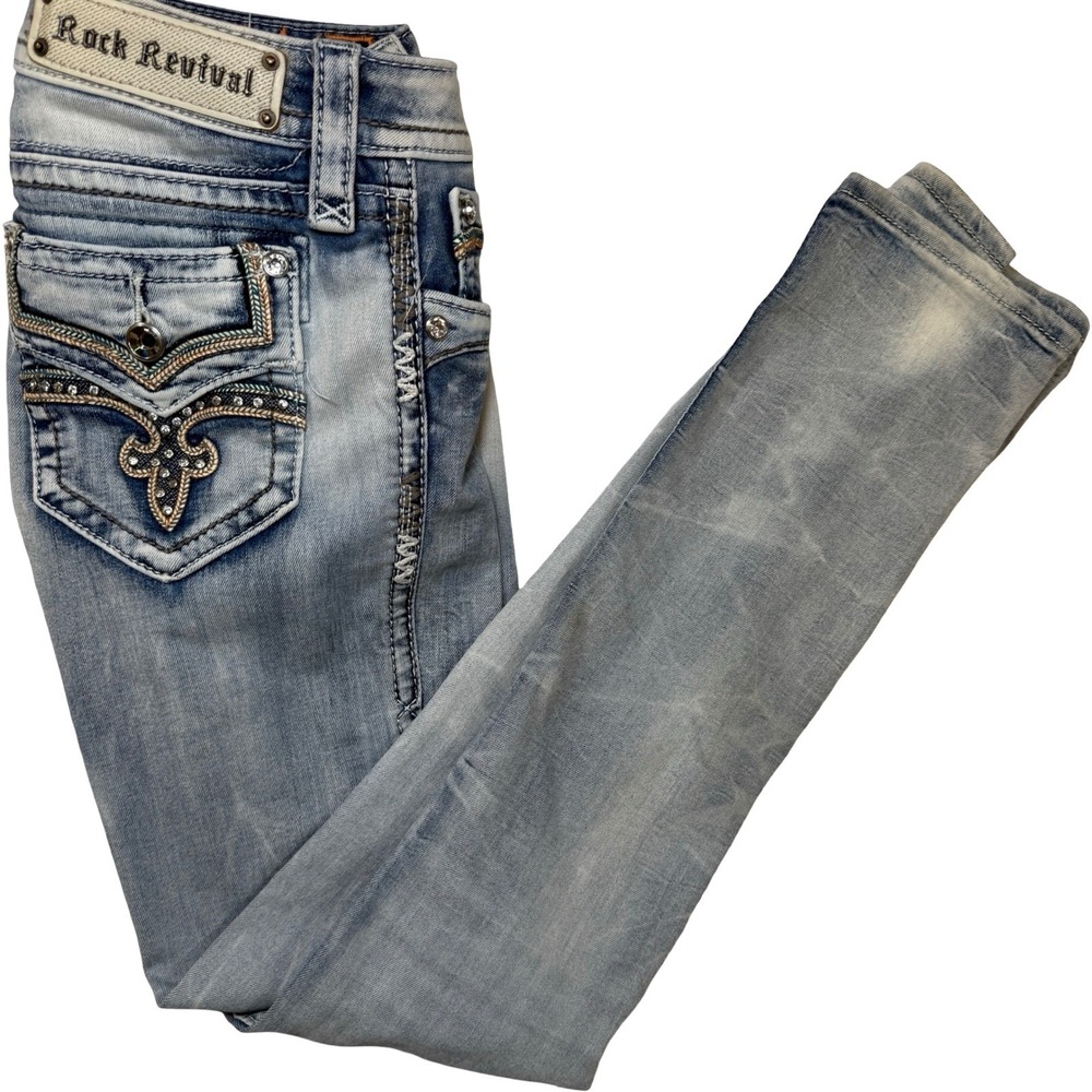 Rock Revival Raven Straight Y2K Jeans Women 27 Light Wash Embellished Bling